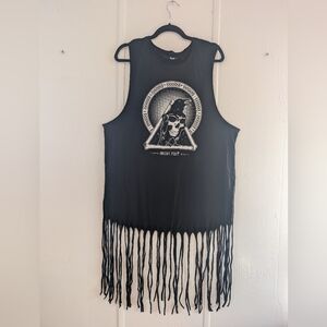 Whimsigoth Black Fringe Tank Top with Graphic Design